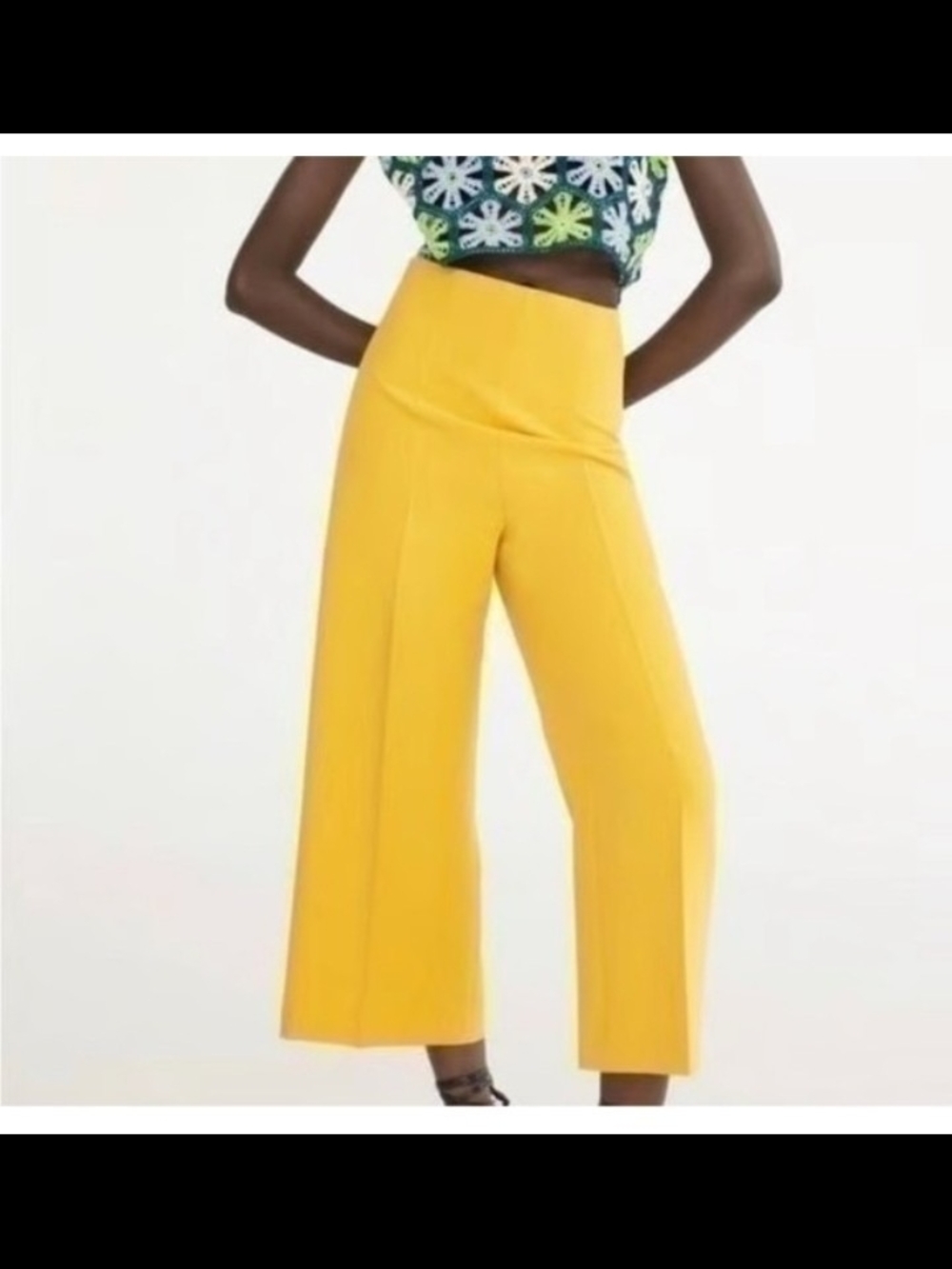 Zara High-Waist Wide-Leg Cropped Pants - Yellow